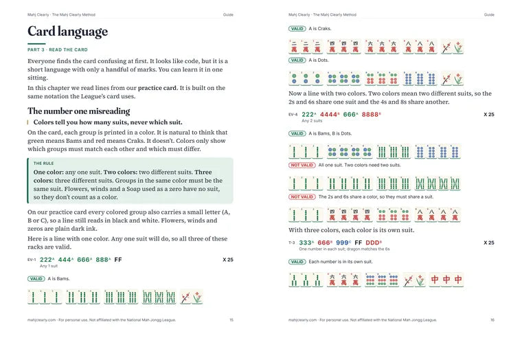Two pages of the guide: Card language