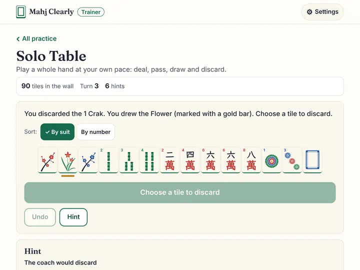 The trainer on an iPad: Solo Table, with a hint open